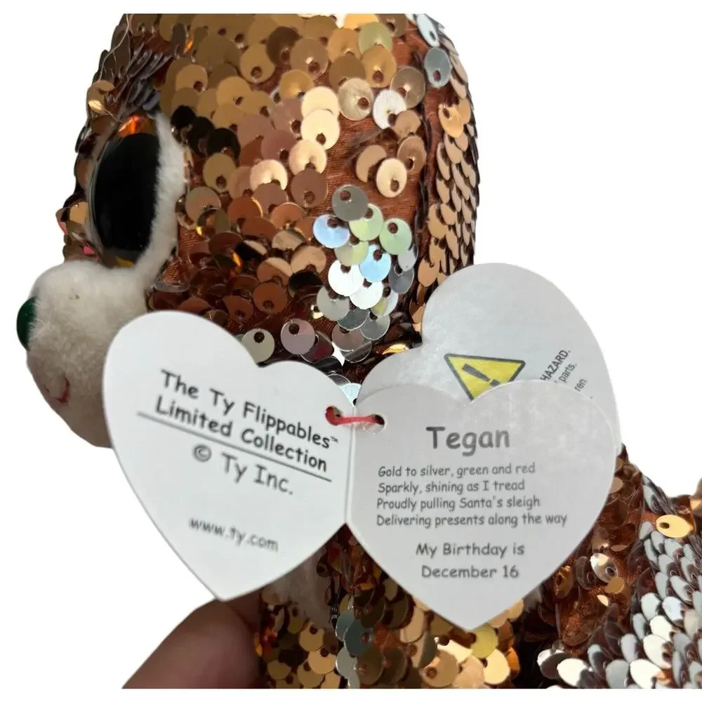 TY Christmas Flippables Sequin TEGAN Reindeer Beanie Baby Plush NEW